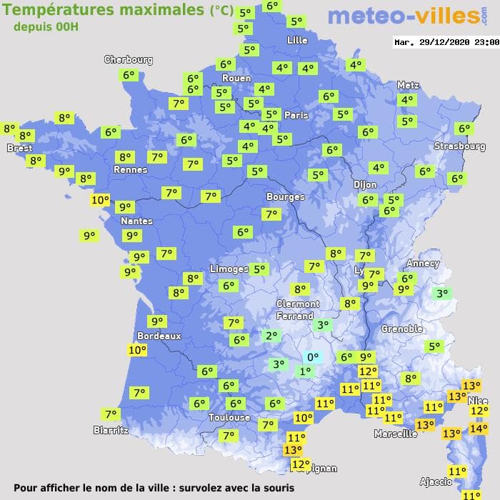 Températures maximales (°C) depuis 00h
