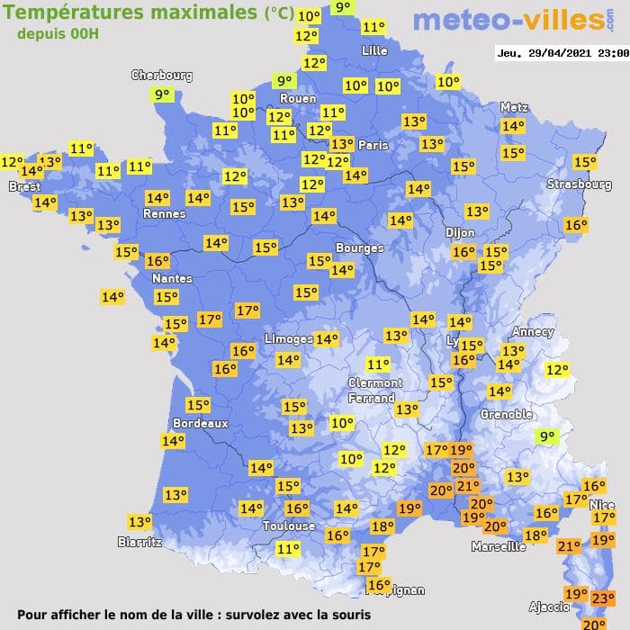 Températures maximales (°C) depuis 00h