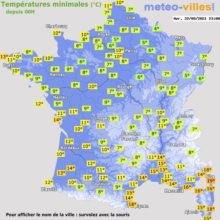 Températures minimales (°C) depuis 00h