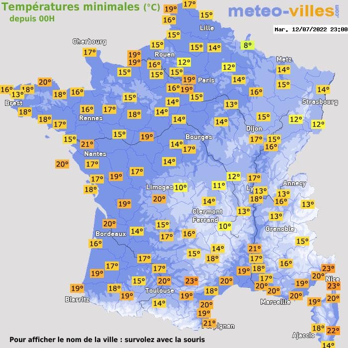 Températures minimales (°C) depuis 00h