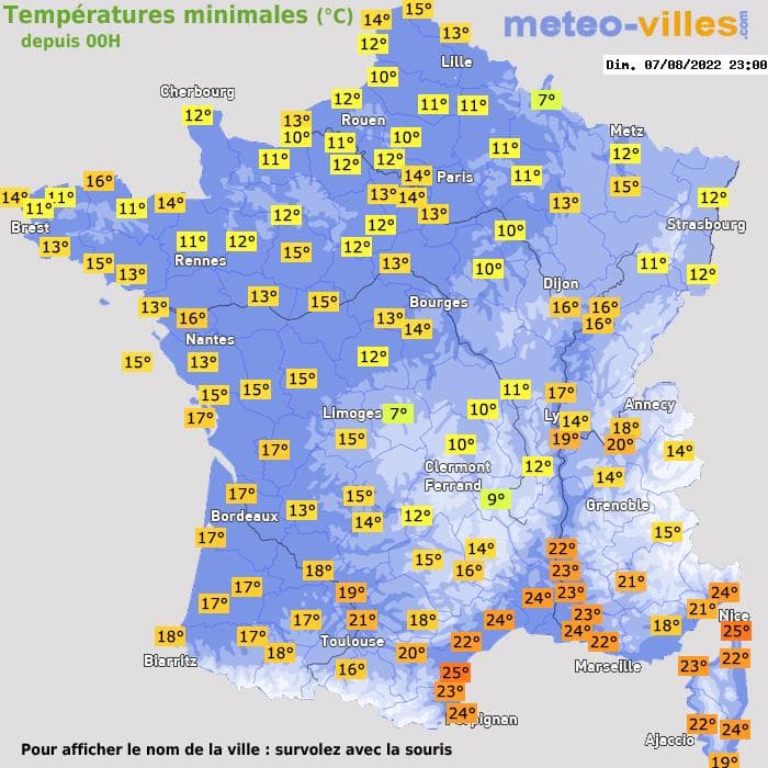 Températures minimales (°C) depuis 00h