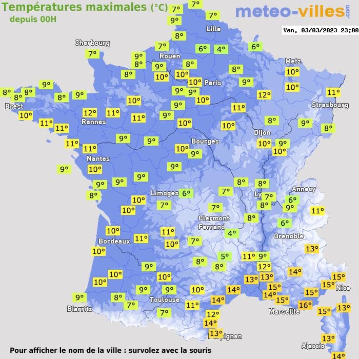 Températures maximales (°C) depuis 00h
