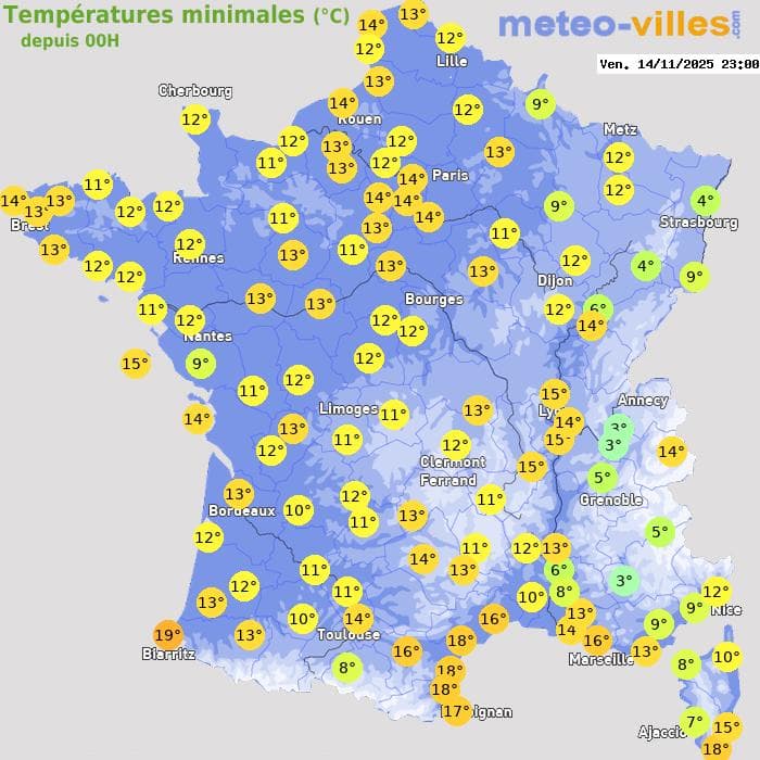 Températures minimales (°C) depuis 00h