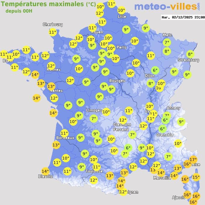 Températures maximales (°C) depuis 00h