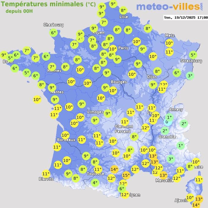 Températures minimales (°C) depuis 00h