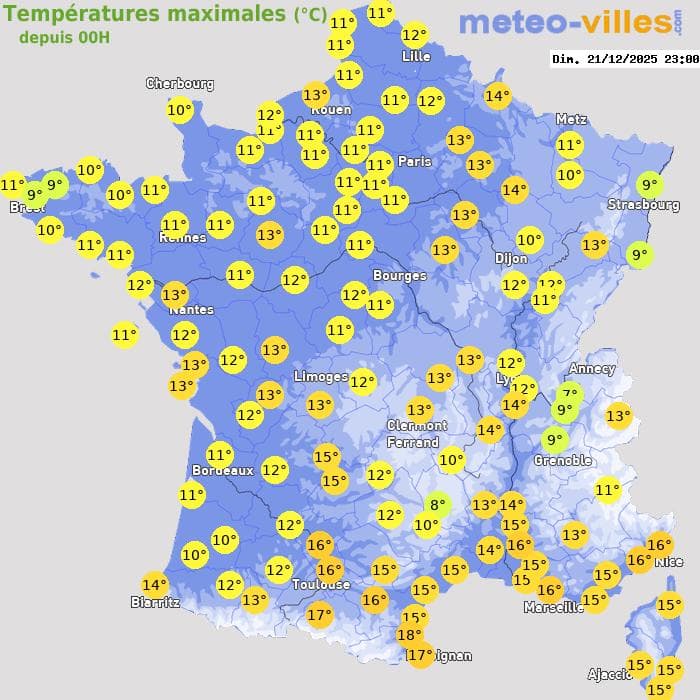 Températures maximales (°C) depuis 00h