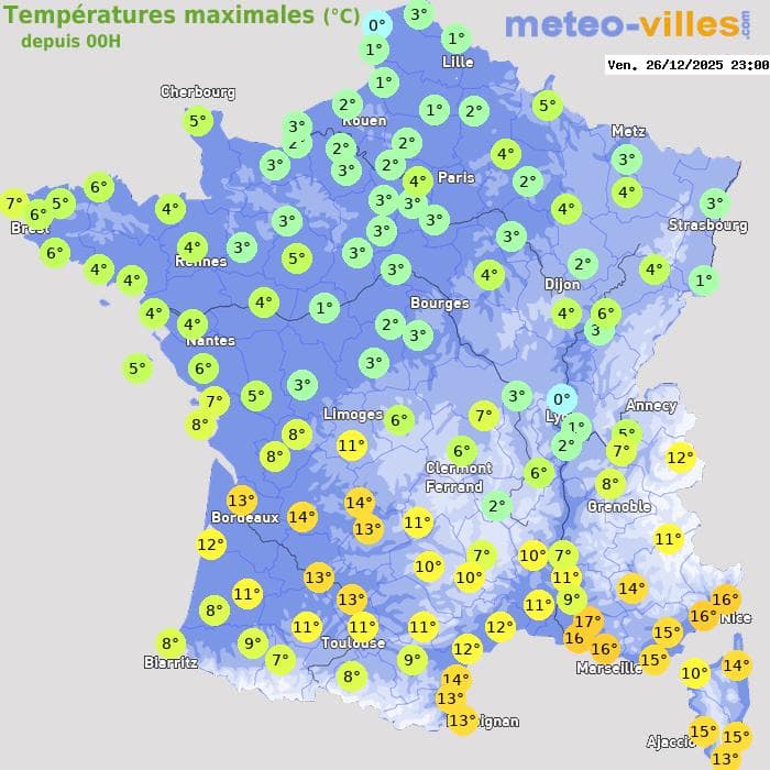 Températures maximales (°C) depuis 00h