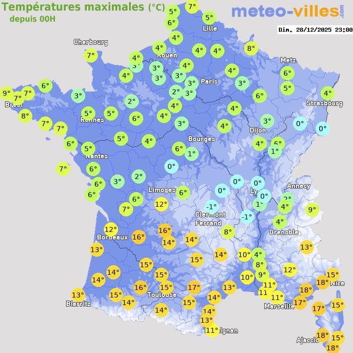 Températures maximales (°C) depuis 00h