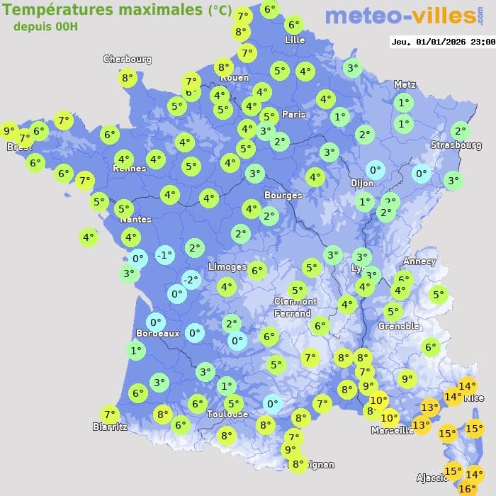 Températures maximales (°C) depuis 00h
