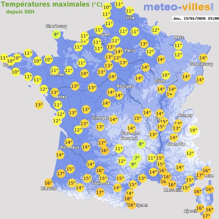 Températures maximales (°C) depuis 00h