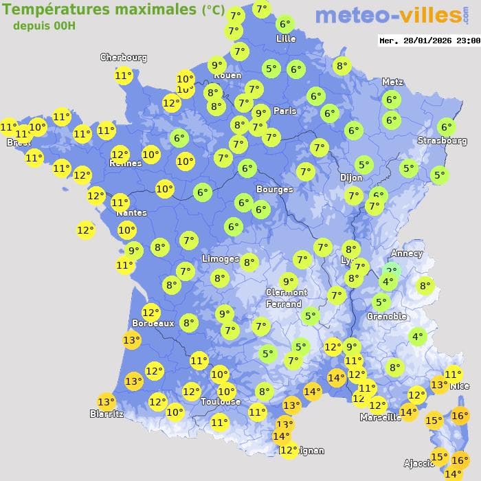 Températures maximales (°C) depuis 00h