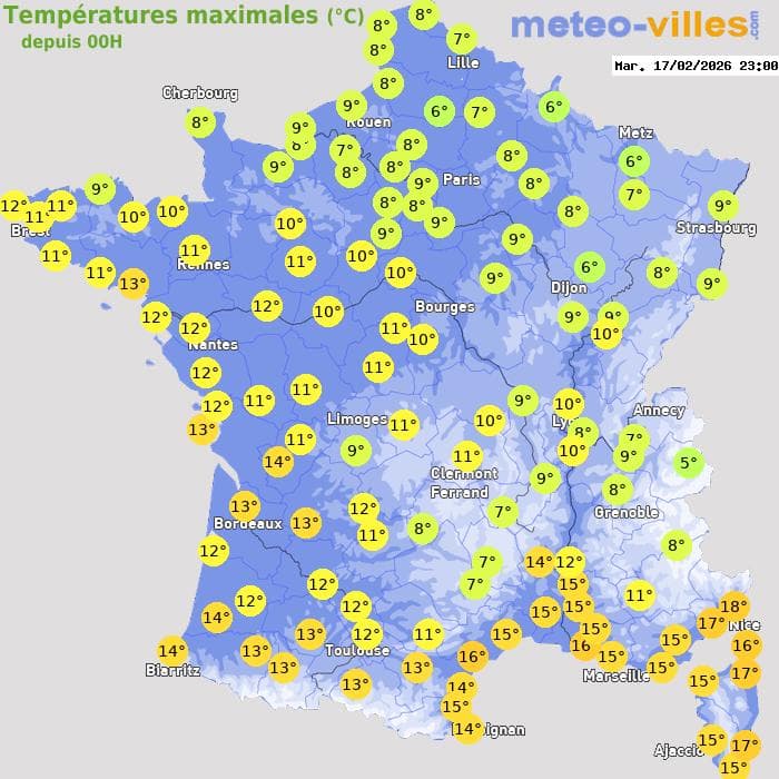 Températures maximales (°C) depuis 00h