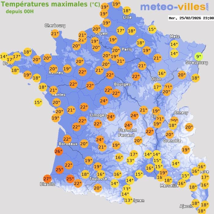 Températures maximales (°C) depuis 00h