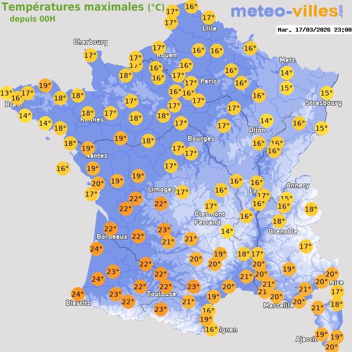 Températures maximales (°C) depuis 00h