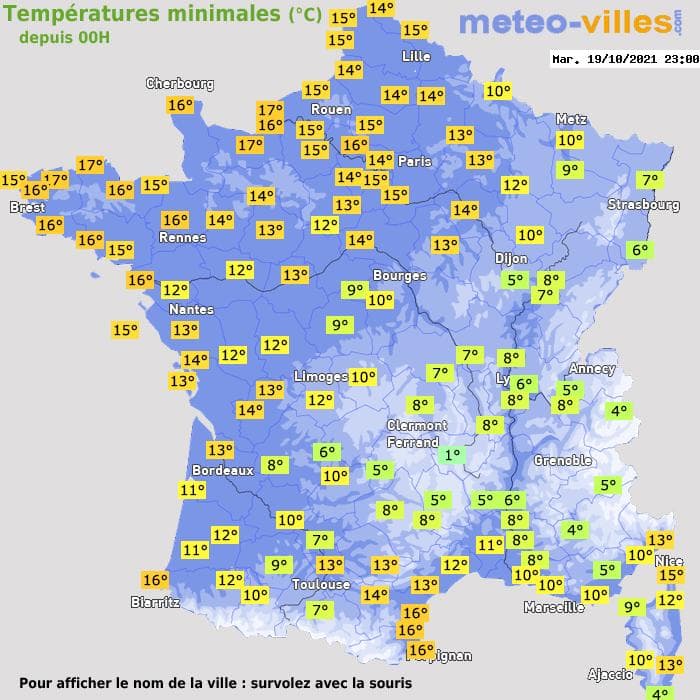Températures minimales (°C) depuis 00h