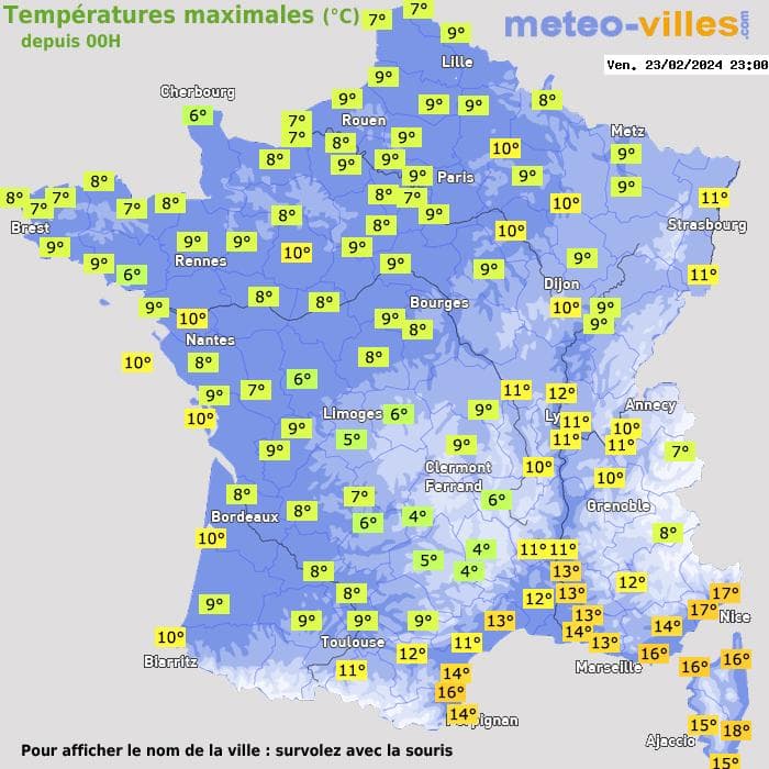 Températures maximales (°C) depuis 00h