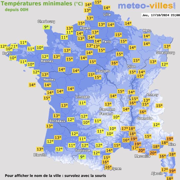 Températures minimales (°C) depuis 00h
