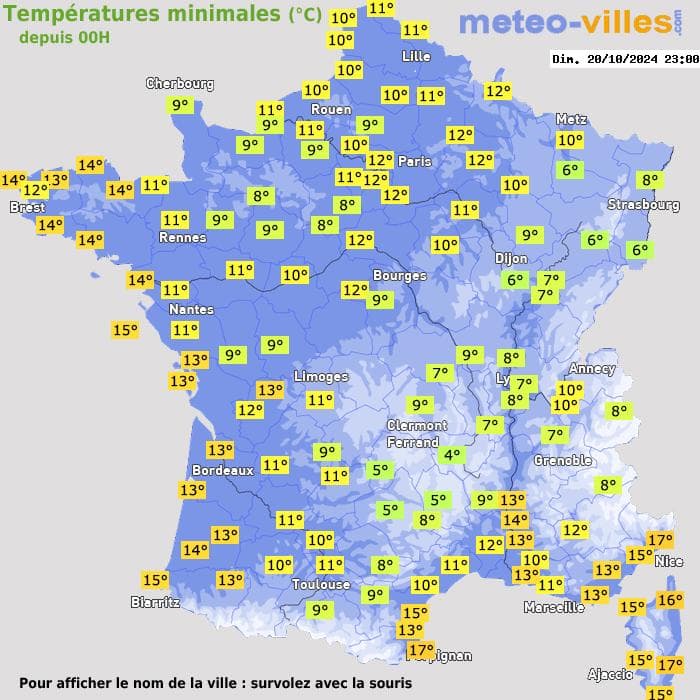 Températures minimales (°C) depuis 00h