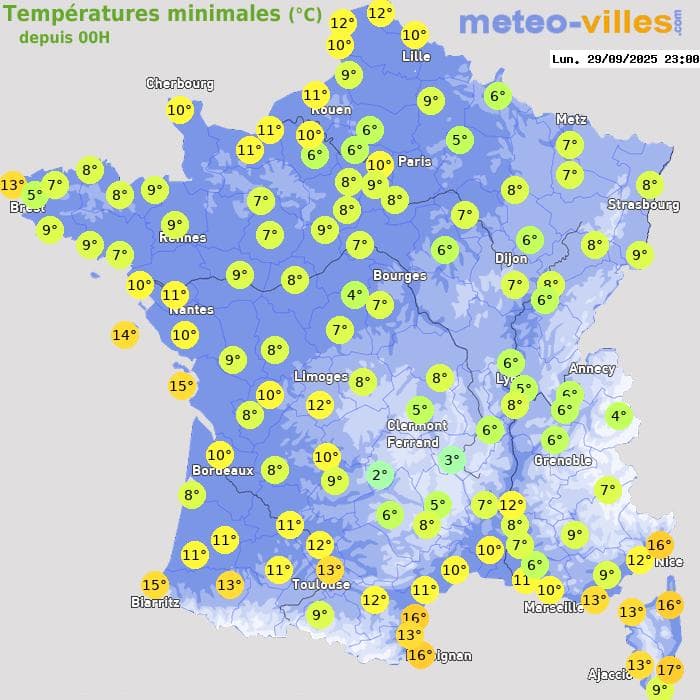 Températures minimales (°C) depuis 00h