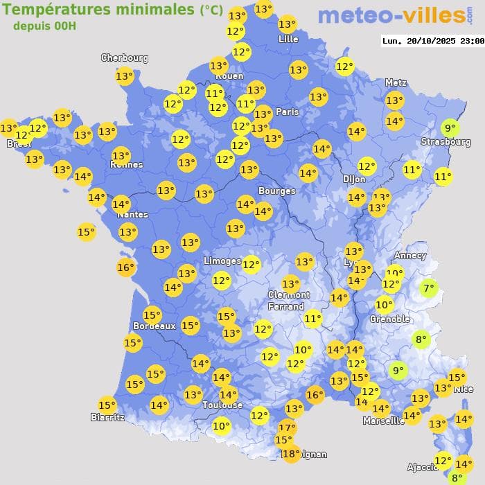 Températures minimales (°C) depuis 00h