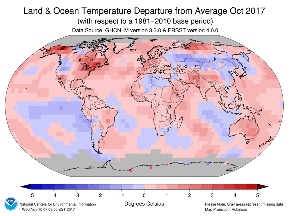 Image d'illustration pour Octobre 2017: NASA et NOAA confirment un mois particulièrement doux